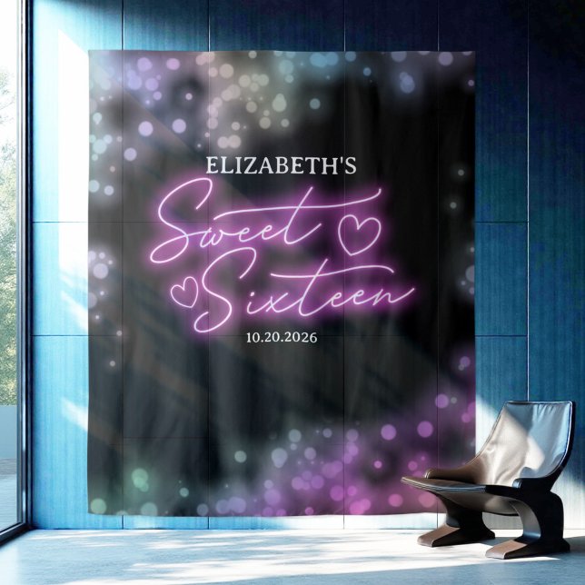 Sweet 16 Bday Colourful Neon Glow Backdrop Tapestry (Creator Uploaded)