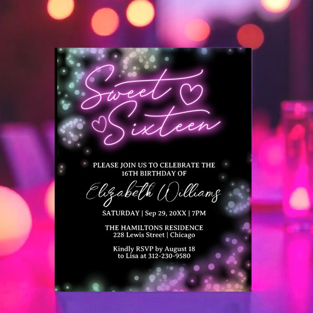 Sweet 16 Bday Colourful Neon Glow Budget Invitatio (Creator Uploaded)