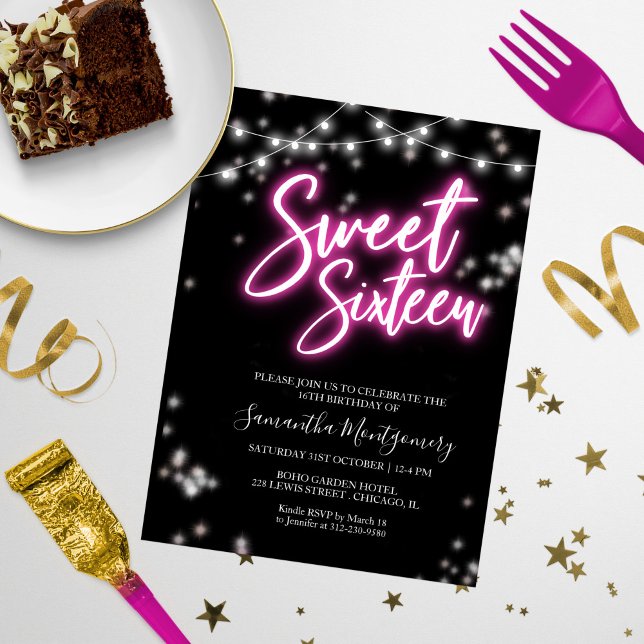 Sweet 16 Bday Hot Pink Neon Glow Budget Invitation (Creator Uploaded)