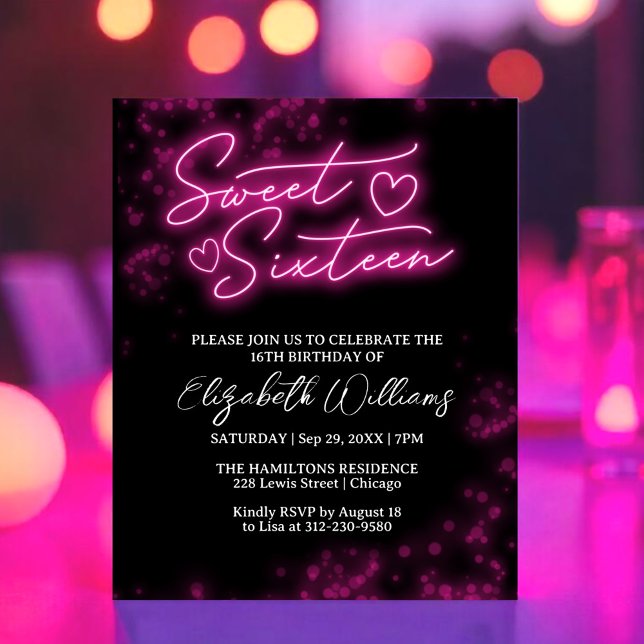 Sweet 16 Bday Hot Pink Neon Glow Budget Invitation (Creator Uploaded)