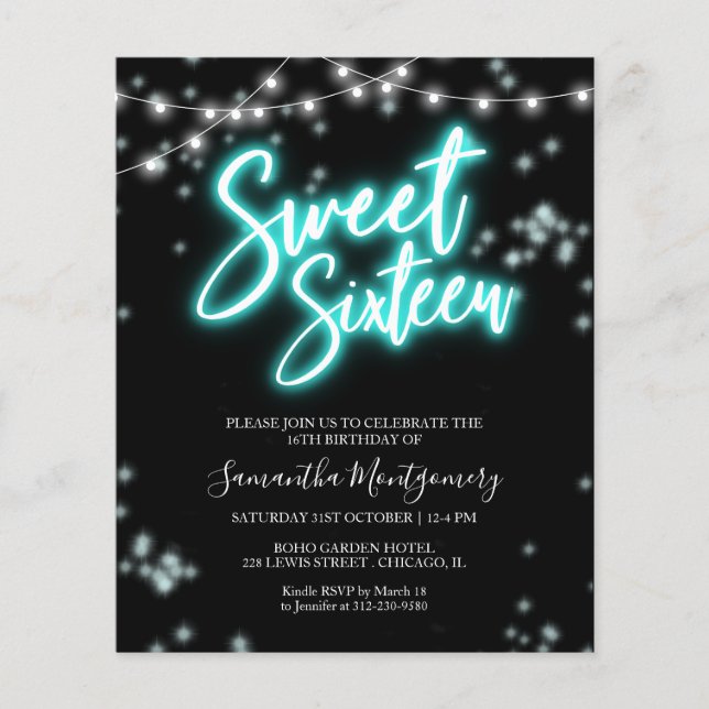 Sweet 16 Bday Teal Neon Glow Budget Invitation (Front)