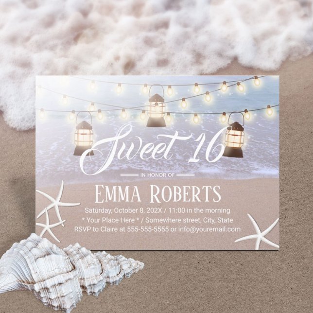 Sweet 16 Beach Starfish String Lights & Lanterns Invitation (Creator Uploaded)