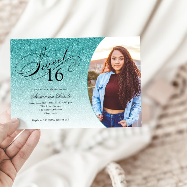 Sweet 16 Birthday Aqua Blue Glitter Glam Photo  Invitation (Creator Uploaded)