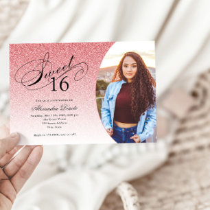 Sweet 16 Birthday Baby Pink Glitter Glam Photo Invitation