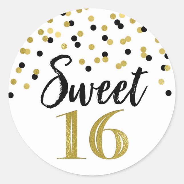 Sweet 16 Birthday Black and Gold Confetti Classic Round Sticker (Front)