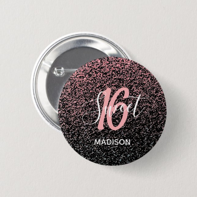 Sweet 16 Birthday Black Blush Pink Glitter Name 6 Cm Round Badge (Front & Back)