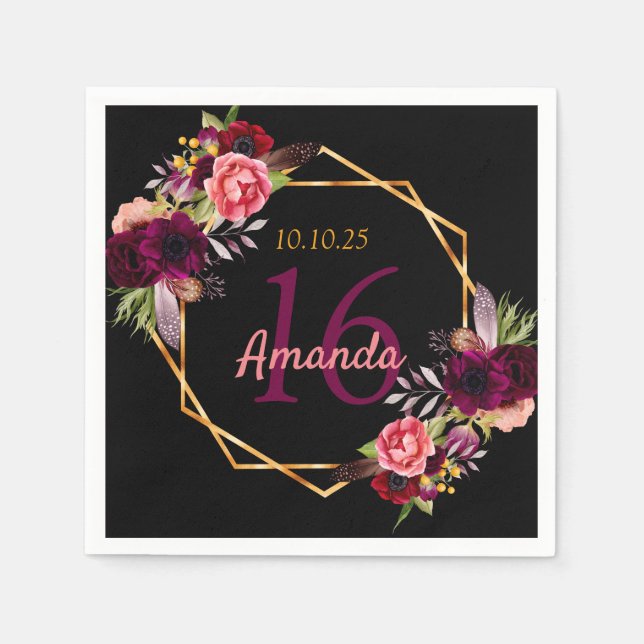 Sweet 16 birthday black gold burgundy floral napkin (Front)