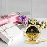 Sweet 16 birthday black gold name elegant pocket watch<br><div class="desc">Elegant, classic, glamorous and feminine. A faux gold colored bow and ribbon, a bit of bling and luxury for a birthday gift or keepsake. Black background. Templates for her name, and the age 16. The name is written with a modern hand lettered style script. Golden colored numbers from 9 to...</div>
