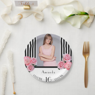 Sweet 16 birthday black white stripes floral photo paper plate
