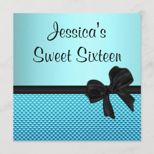 Sweet 16 Birthday Blue Black Bow Invitation