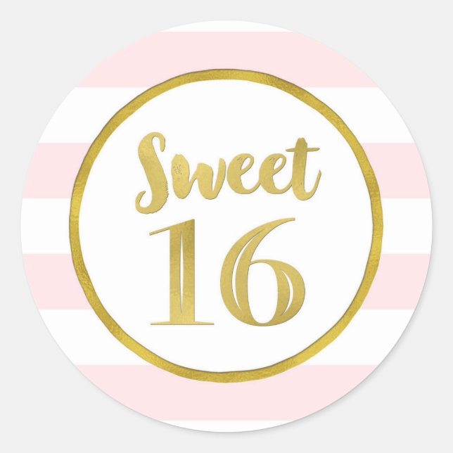 Sweet 16 Birthday Blush Pink Stripes Gold Classic Round Sticker (Front)