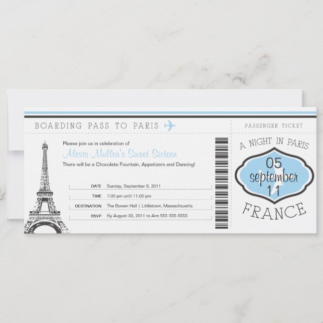 Sweet 16 Birthday Boarding Pass to Paris Invitation (Front)