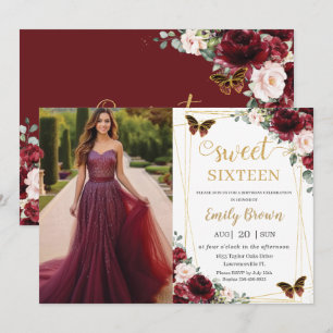 Sweet 16 Birthday Burgundy Blush Floral Butterfly  Invitation
