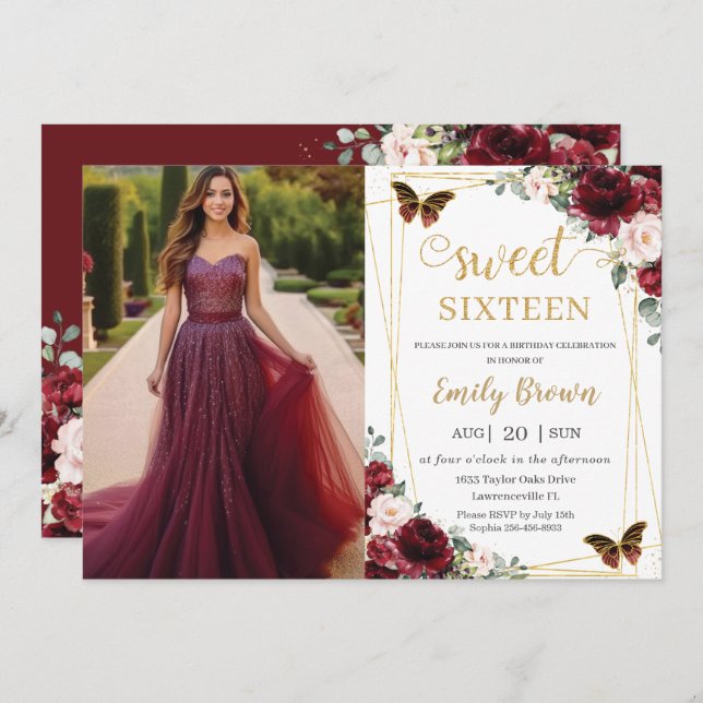 Sweet 16 Birthday Burgundy Blush Floral Butterfly  Invitation (Front/Back)