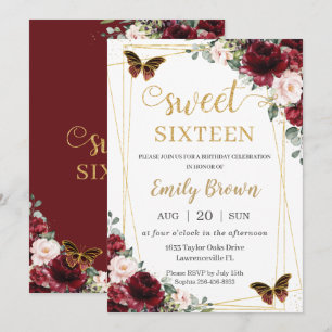 Sweet 16 Birthday Burgundy Blush Floral Butterfly  Invitation