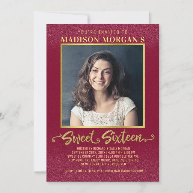 Sweet 16 Birthday Burgundy Red Gold Glitter Photo Invitation (Front)