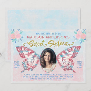Sweet 16 Birthday Butterfly Floral Photo Party Invitation