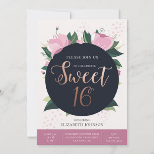 Sweet 16 birthday card. Gold and pink. Floral Invitation