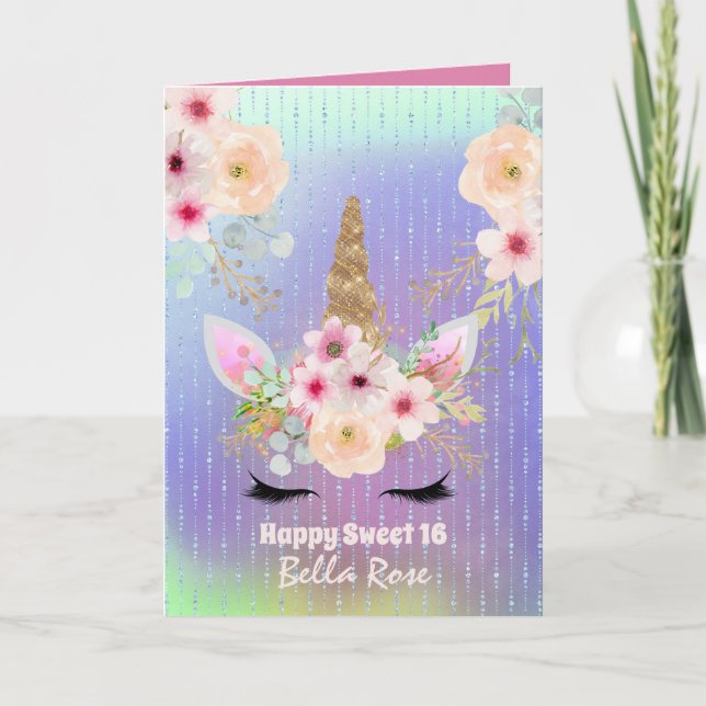 Sweet 16 Birthday Card Personalised Cute Unicorn  (Front)