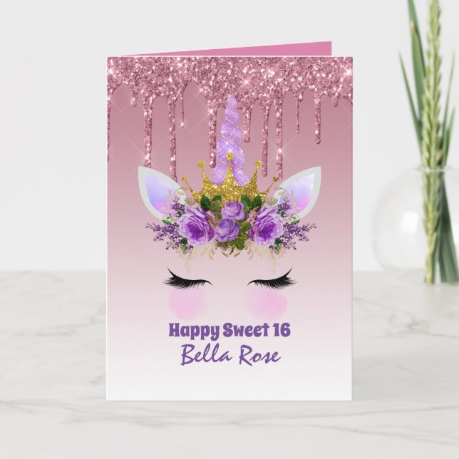 Sweet 16 Birthday Card Personalised Cute Unicorn  (Front)