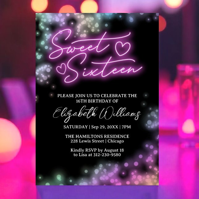 Sweet 16 Birthday Colourful Neon Glow Dark Party Invitation (Creator Uploaded)