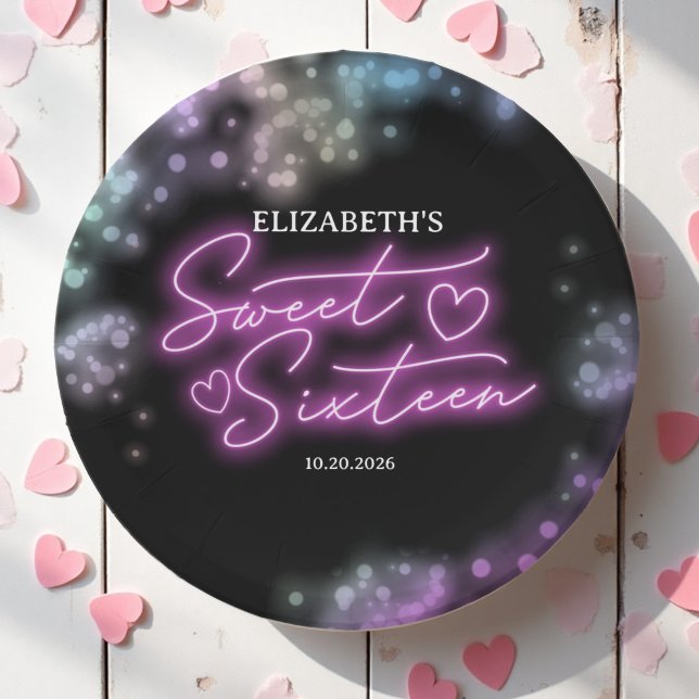 Sweet 16 Birthday Colourful Neon Glow Dark Party Paper Plate (Creator Uploaded)