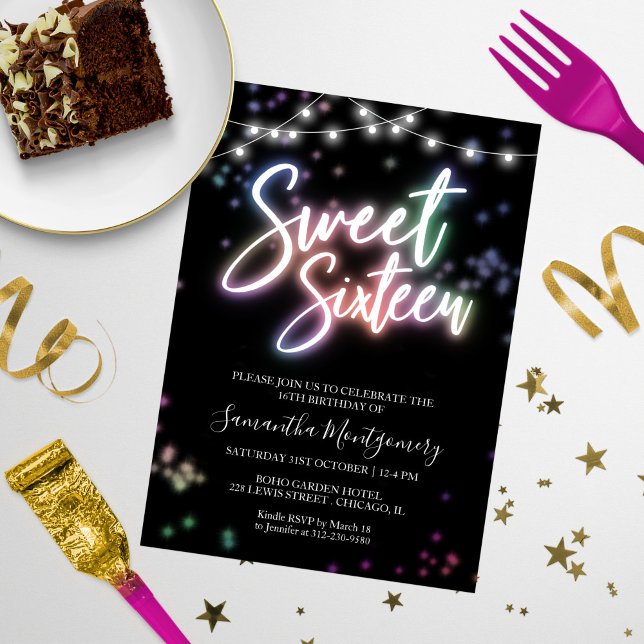 Sweet 16 Birthday Colourful Neon Party Invitation (Creator Uploaded)