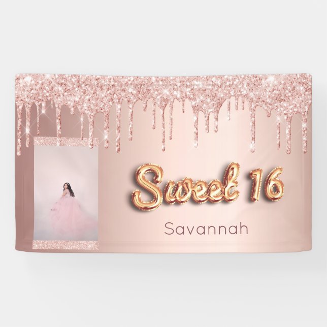 Sweet 16 birthday custom photo rose gold glitter banner (Horizontal)