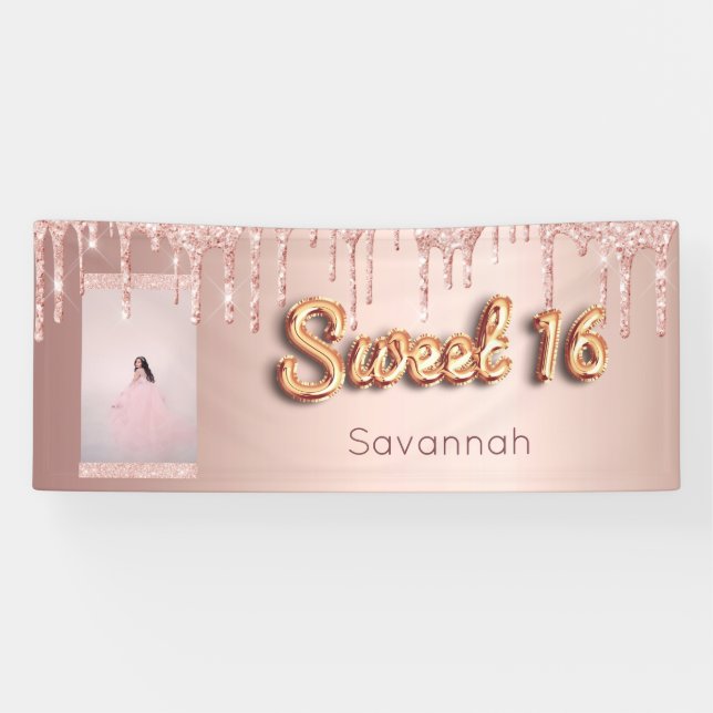 Sweet 16 birthday custom photo rose gold glitter banner (Horizontal)