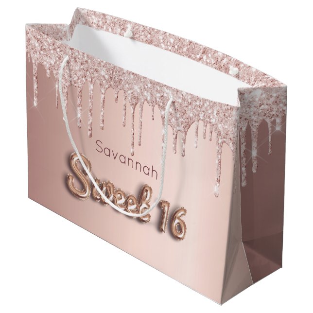Sweet 16 birthday custom photo rose gold glitter large gift bag (Back Angled)