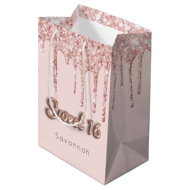 Sweet 16 birthday custom photo rose gold glitter medium gift bag (Back Angled)