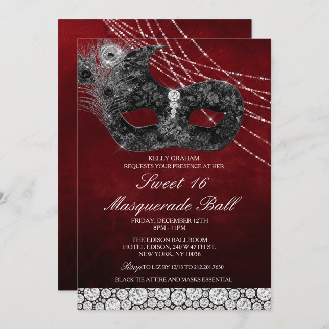 Sweet 16 Birthday Diamond Mask Invitation (Front/Back)