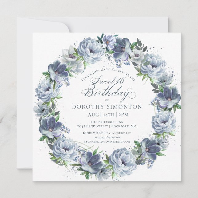 Sweet 16 Birthday Dusty Blue Flower Wreath Invitation (Front)