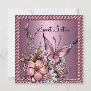 Sweet 16 Birthday Elegant Floral Butterfly Pink Invitation