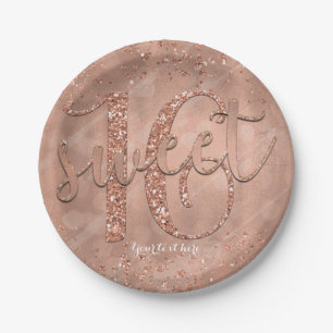 Sweet 16 Birthday Faux Rose Gold Glitter Party Paper Plate