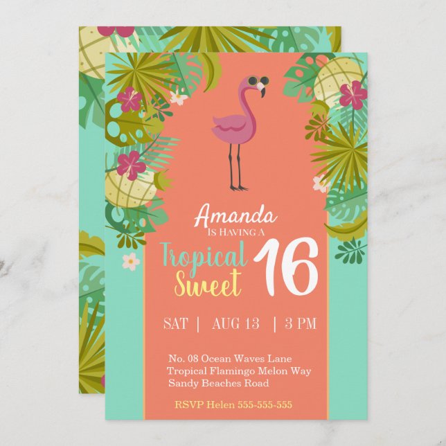 Sweet 16 Birthday Flamingo Luau Palm Tree Beach Invitation (Front/Back)