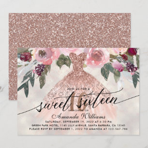 Sweet 16 Birthday Floral Rose Gold Gown Invitation