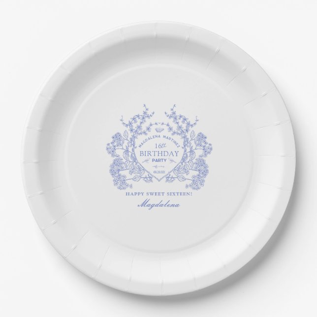 Sweet 16 Birthday French Blue Floral Crest Custom Paper Plate (Front)