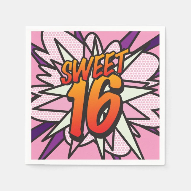 SWEET 16 Birthday Fun Retro Comic Book Pink Napkin (Front)