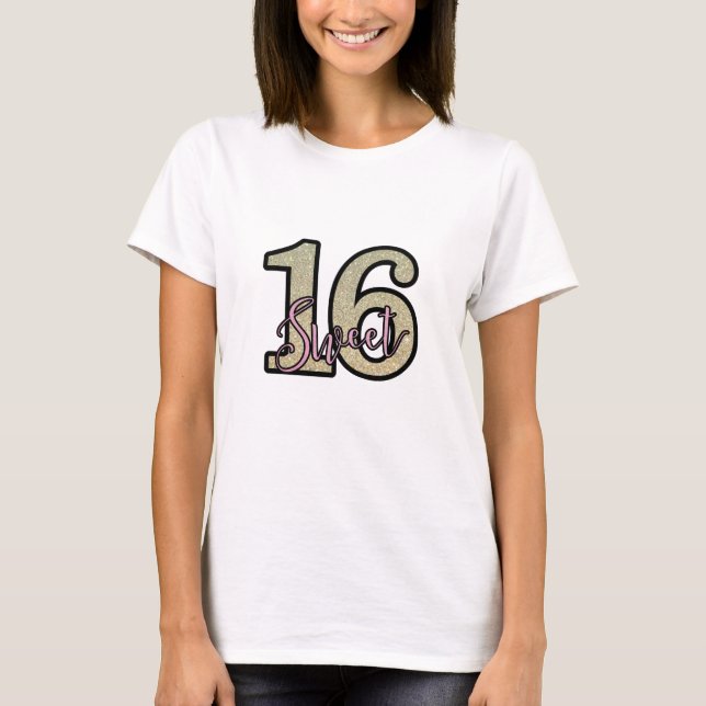 Sweet 16 Birthday Girl T-Shirt Silver Pink Faux Gl (Front)