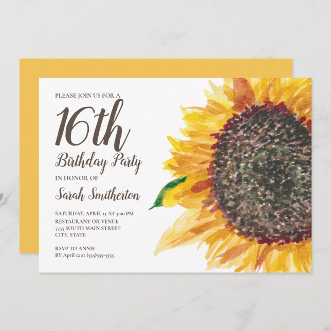 Sweet 16 Birthday Girls Yellow Brown Sunflower Invitation (Front/Back)