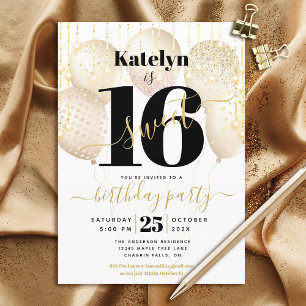 Sweet 16 Birthday Girly Glam Gold Balloons, Script Invitation