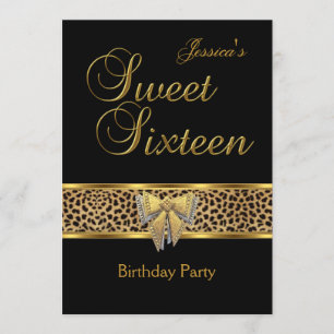 Sweet 16 Birthday Gold Black Leopard bow Invitation