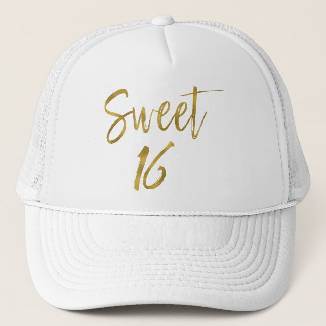 Sweet 16 Birthday Gold Foil and White Trucker Hat (Front)