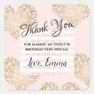 Sweet 16 Birthday Gold Glitter Thank You Favour Square Sticker