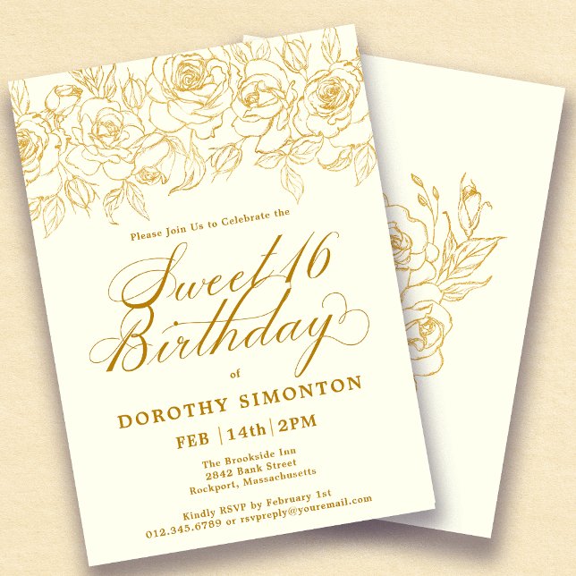 Sweet 16 Birthday Gold Rose Floral Ivory White Invitation (Creator Uploaded)