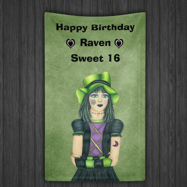 Sweet 16 Birthday Goth Girl Tattoos on Green Banner (Pretty Goth girl black dress green hat tattoos on green Sweet 16 Birthday backdrop.)
