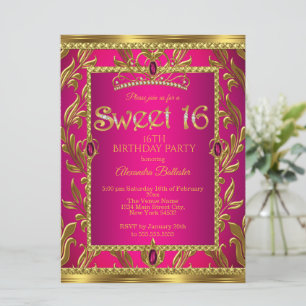 Sweet 16 Birthday Hot Pink Jewel Tiara Gold Invitation