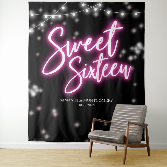 Sweet 16 Birthday Hot Pink Neon Glow Dark Backdrop Tapestry (In Situ)