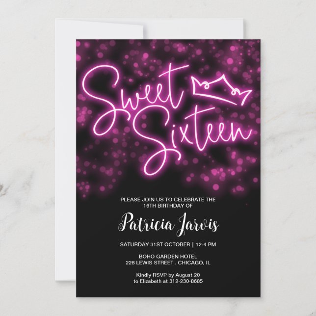 Sweet 16 Birthday Hot Pink Neon Glow Dark Party Invitation (Front)